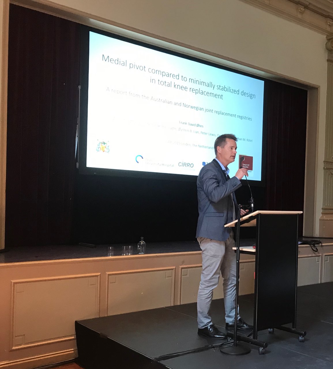 Frank David Øhrn presenting the abstract "Medial pivot compared to minimally stabilized arthroplasty - A report from the Norwegian and Australian arthroplasty registries".
In this study they compared medial pivot with 3 of the most used CR TKA used i Norway and Australia.
Co-authors: Øystein Gøthesen, Stein Håkon Lygre, Øystein Lian, Peter Lewis, Ove Furnes and Stephan M. Röhrl.
Frank David Øhrn presenting the abstract "Medial pivot compared to minimally stabilized arthroplasty - A report from the Norwegian and Australian arthroplasty registries".
In this study they compared medial pivot with 3 of the most used CR TKA used i Norway and Australia.
Co-authors: Øystein Gøthesen, Stein Håkon Lygre, Øystein Lian, Peter Lewis, Ove Furnes and Stephan M. Röhrl.